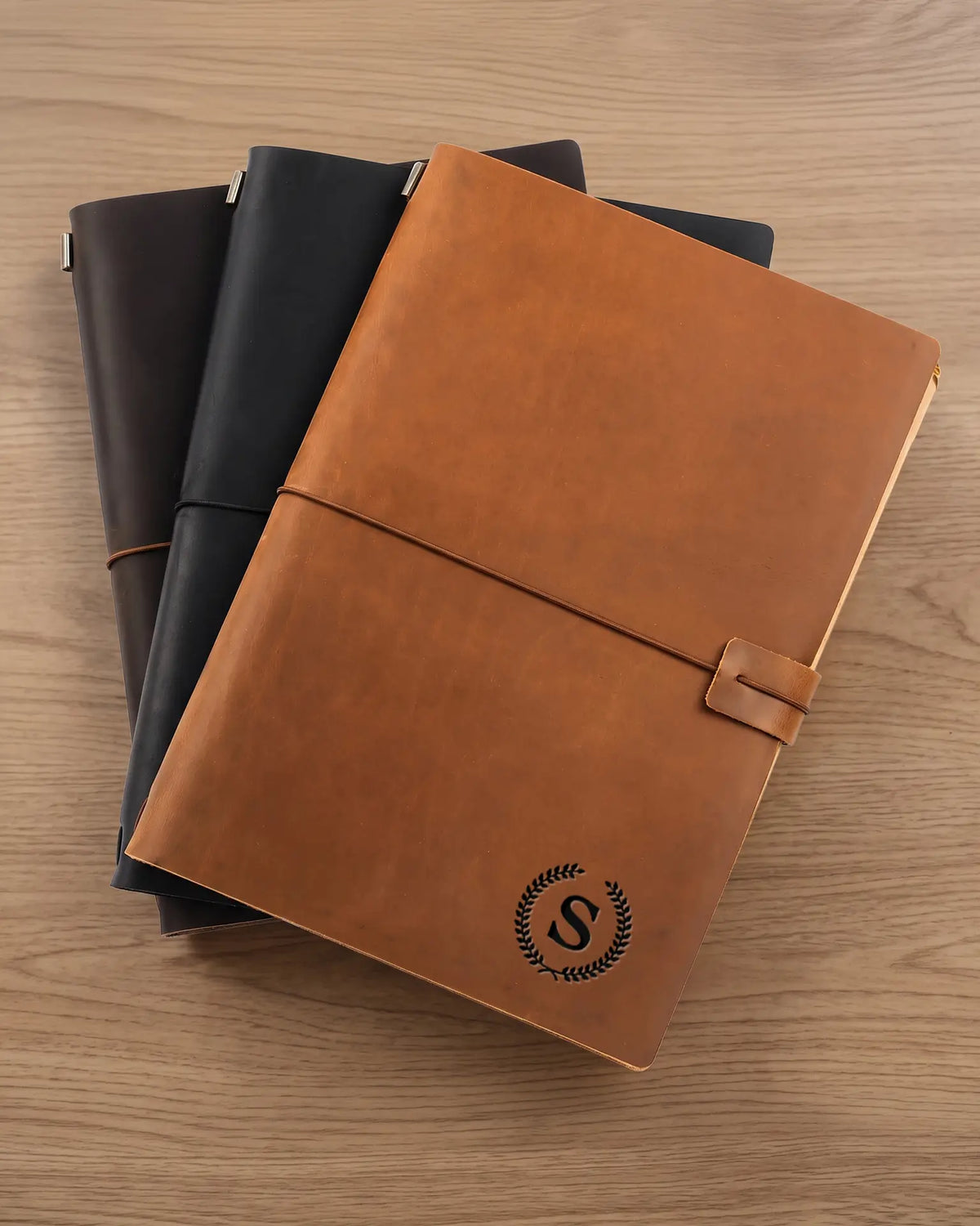 Personalized Cognac B5 leather traveler’s notebook with engraved monogram