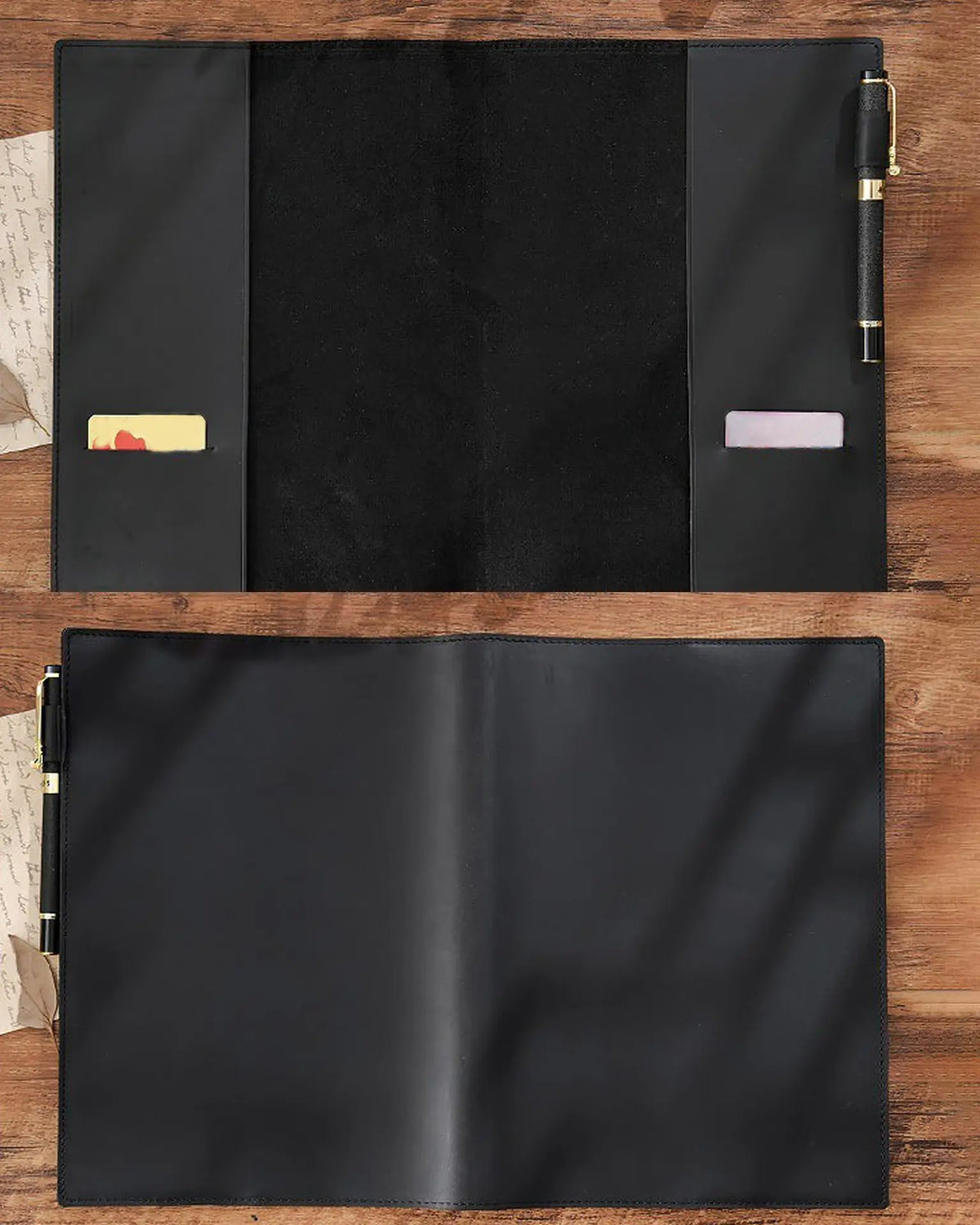 Black B5 leather journal cover opened flat showing front and back sleeves, card slots and pen loop