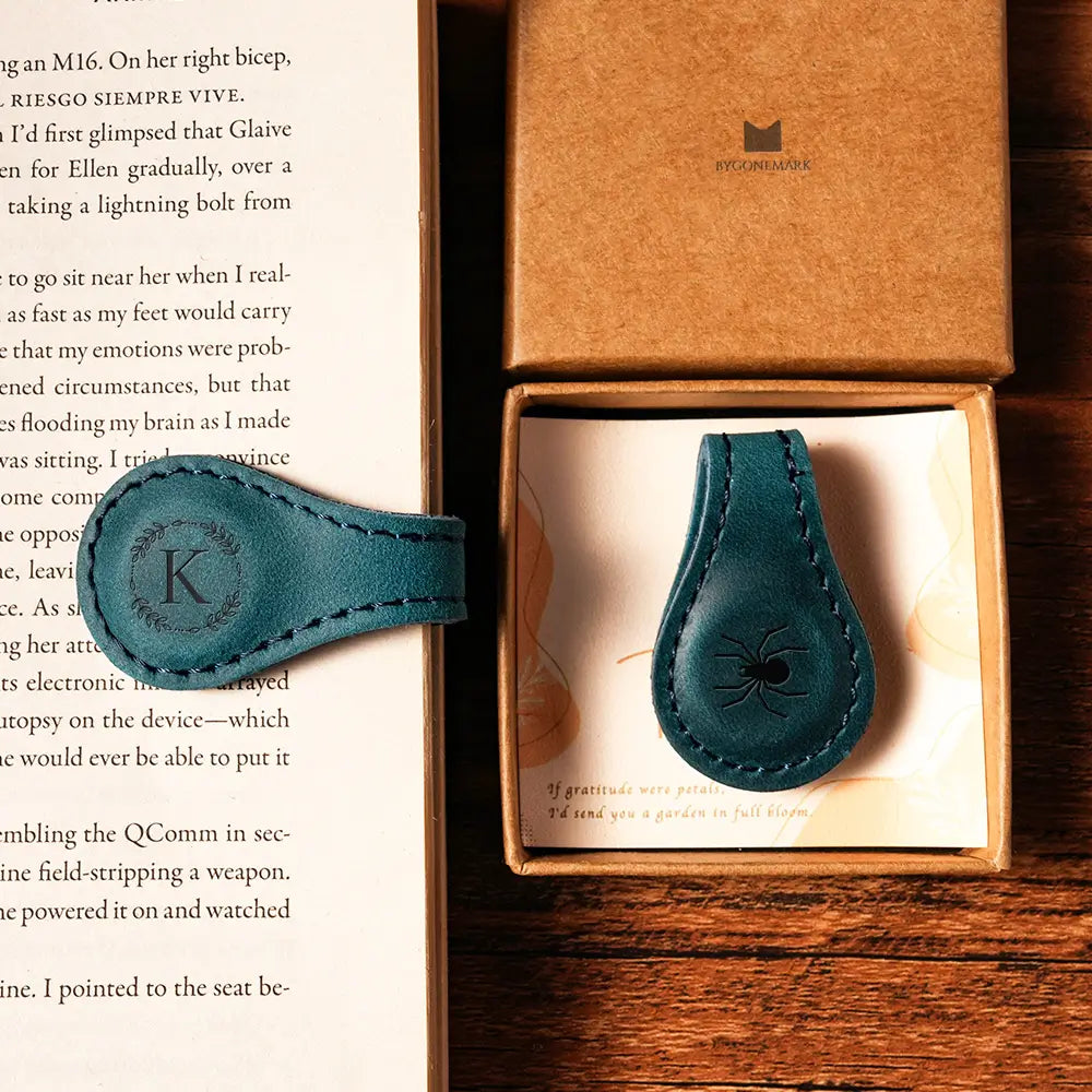 Blue leather magnetic bookmark for book lovers