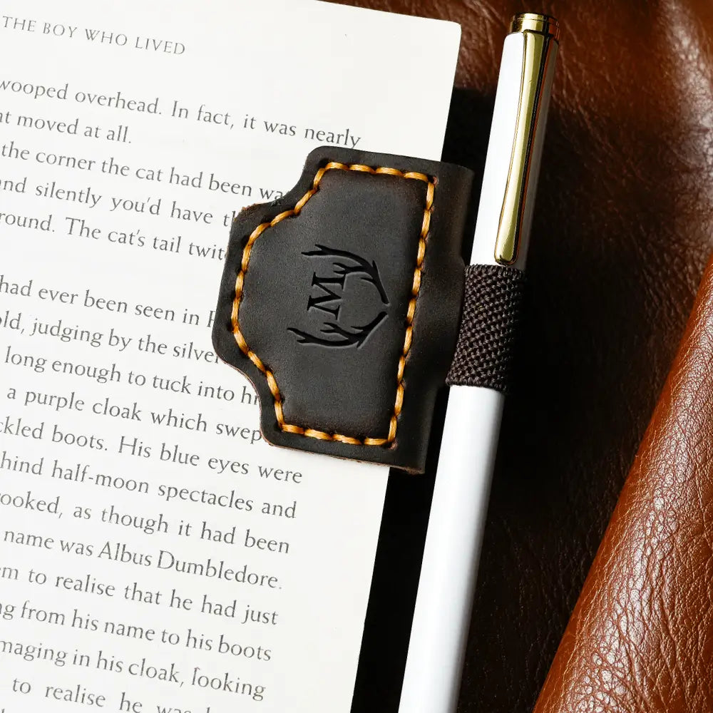 Dark brown personalized magnetic bookmark with pen clip