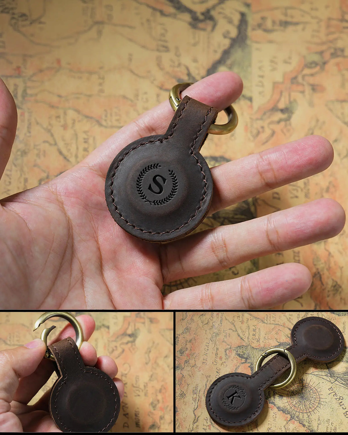 Personalized magnetic leather hat clip showing monogram engraving and spring ring operation
