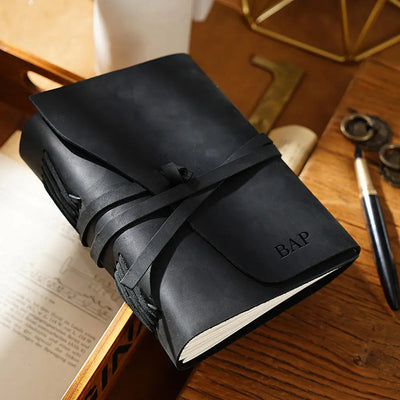 Personalized Leather Journal With Leather Rope - Black