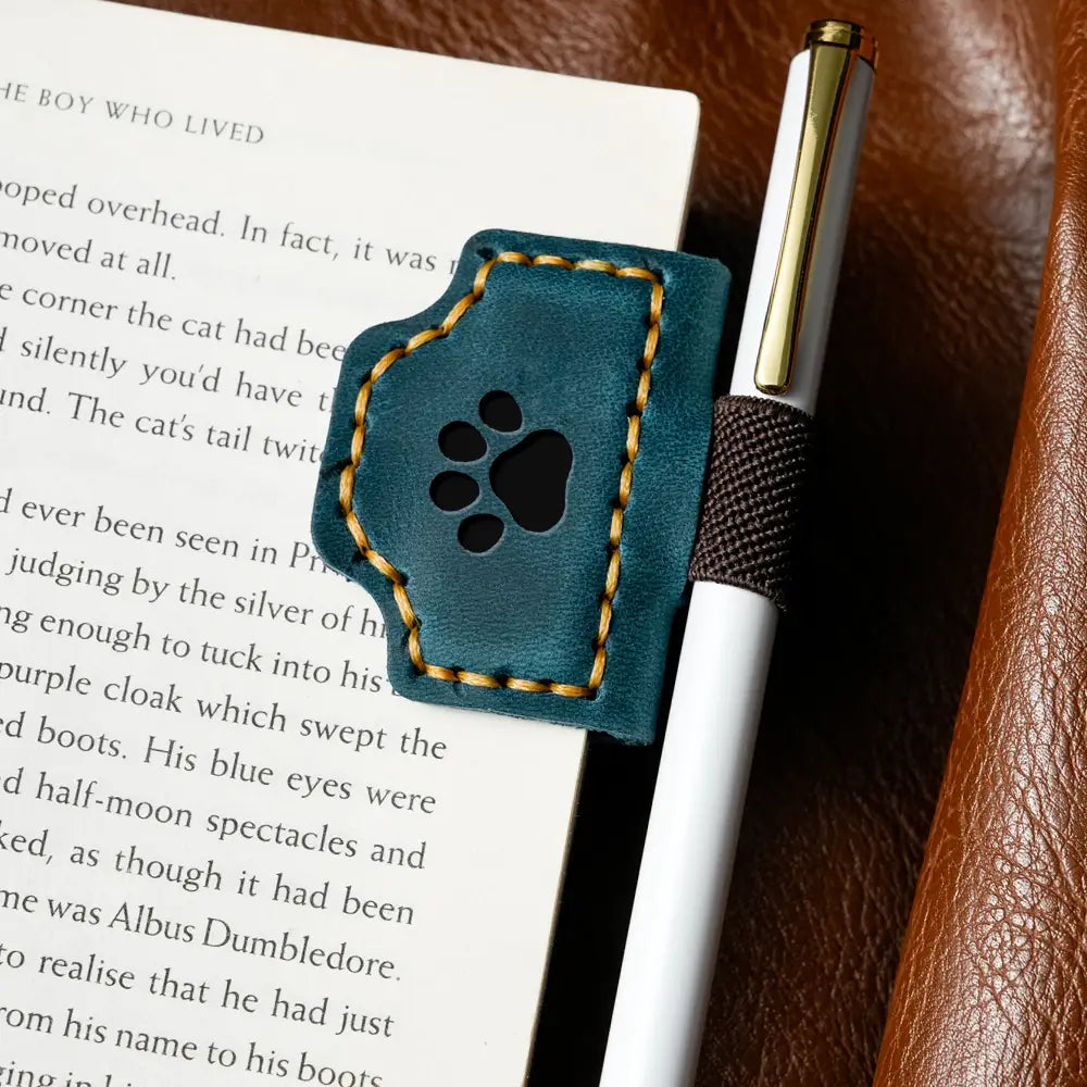 Blue magnetic leather bookmark with custom engraving