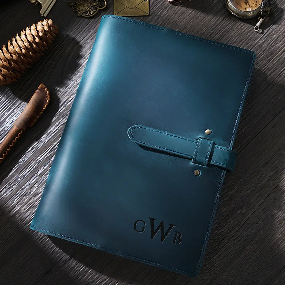Blue handcrafted leather journal with vintage buckle