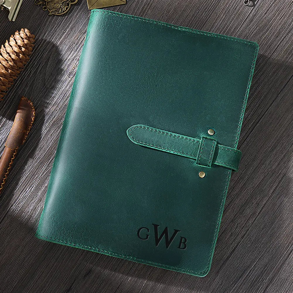 Green crazy horse leather journal with brass buckle closure