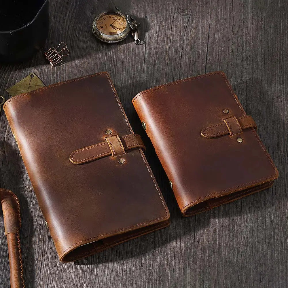 Brown A5 leather journal with buckle closure and custom engraving