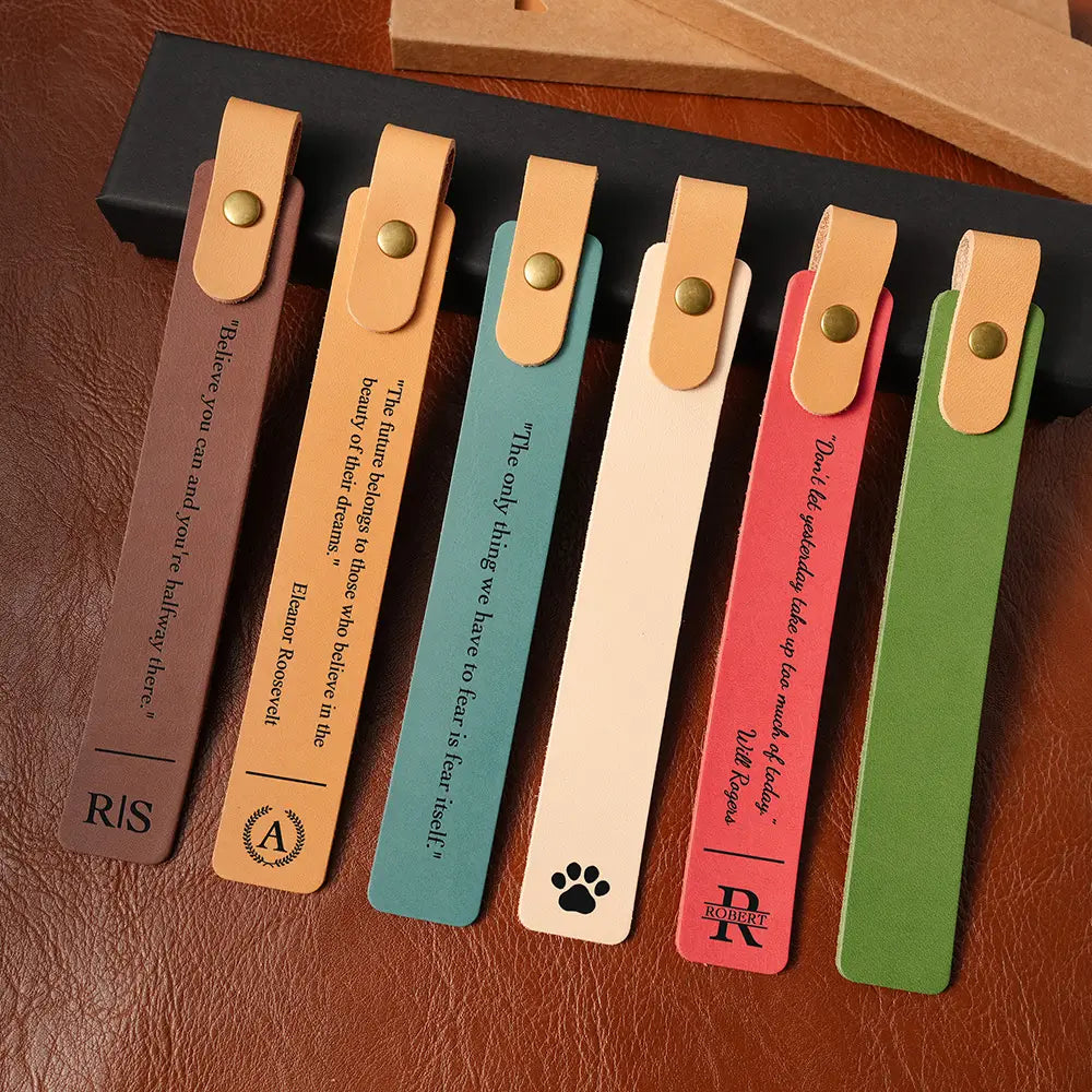 Personalized leather bookmark in kraft paper packaging with custom engraving