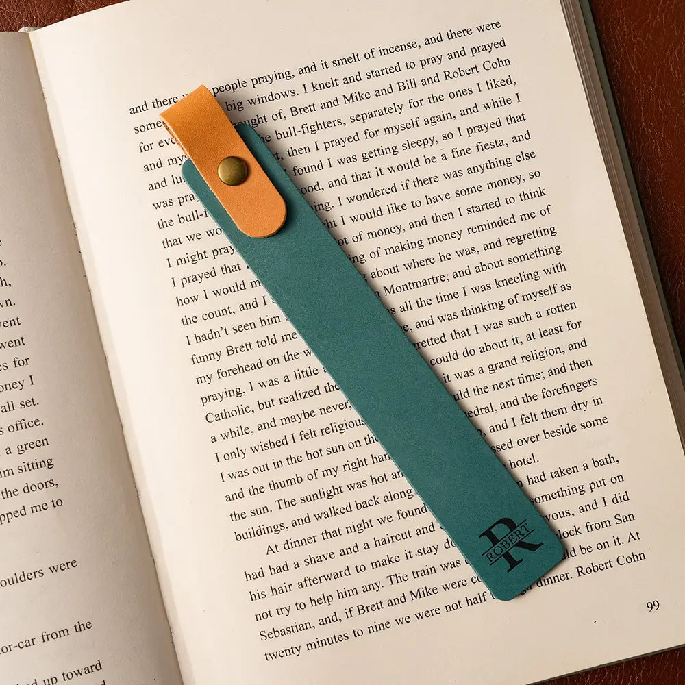 Blue engraved leather bookmark
