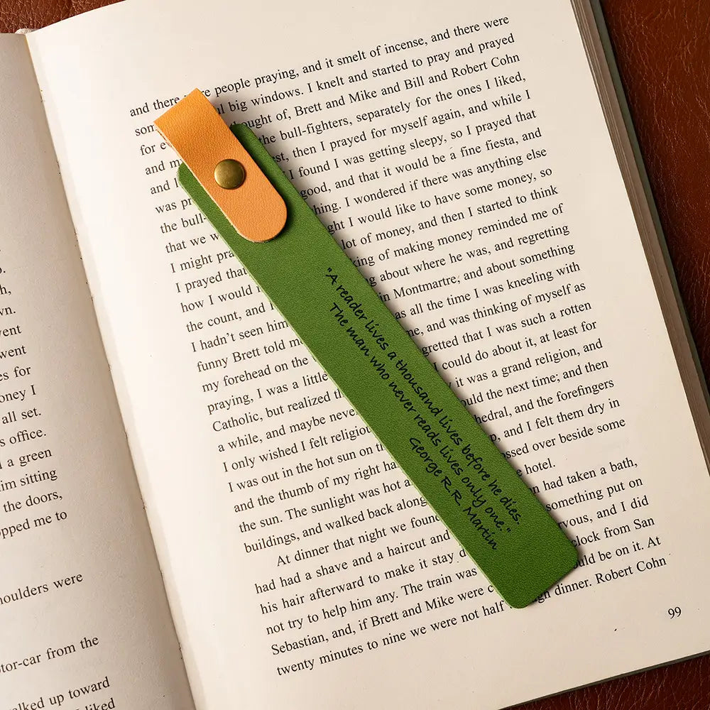 Green leather bookmark with personalized text