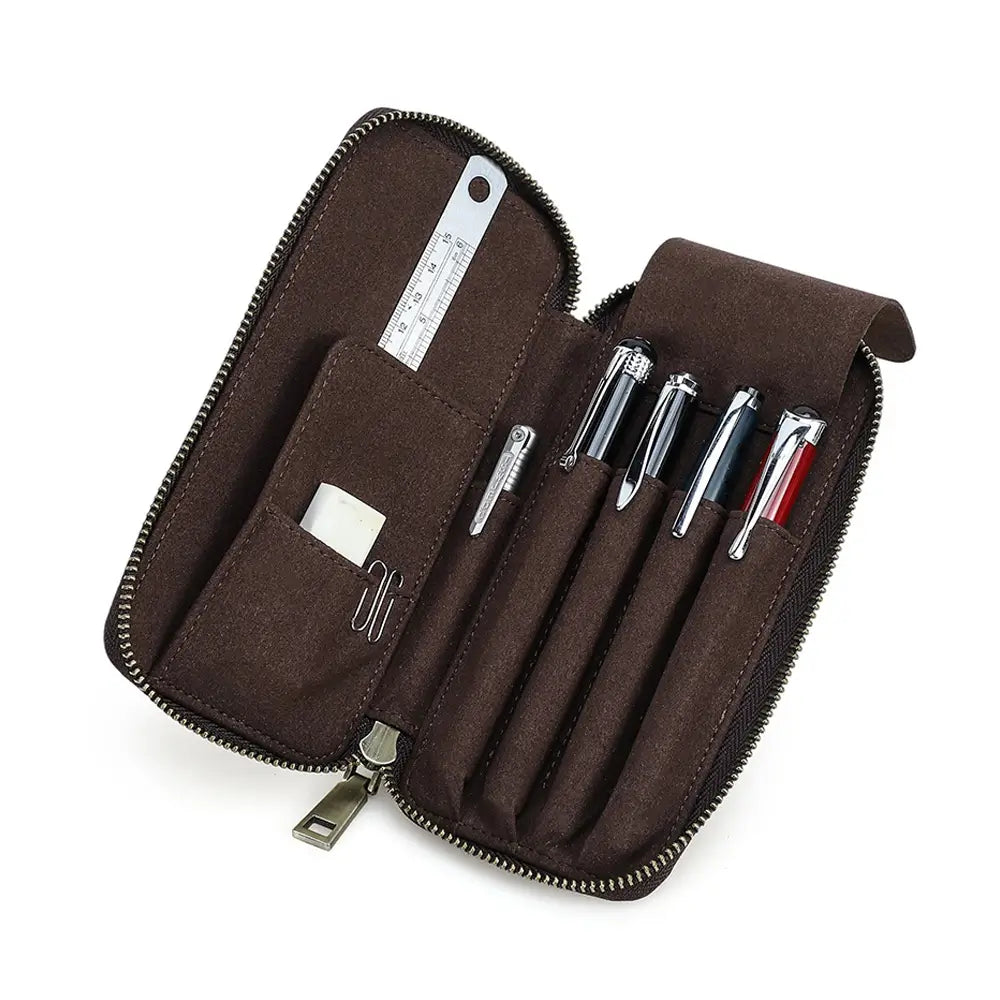 Writer using leather pen case at desk