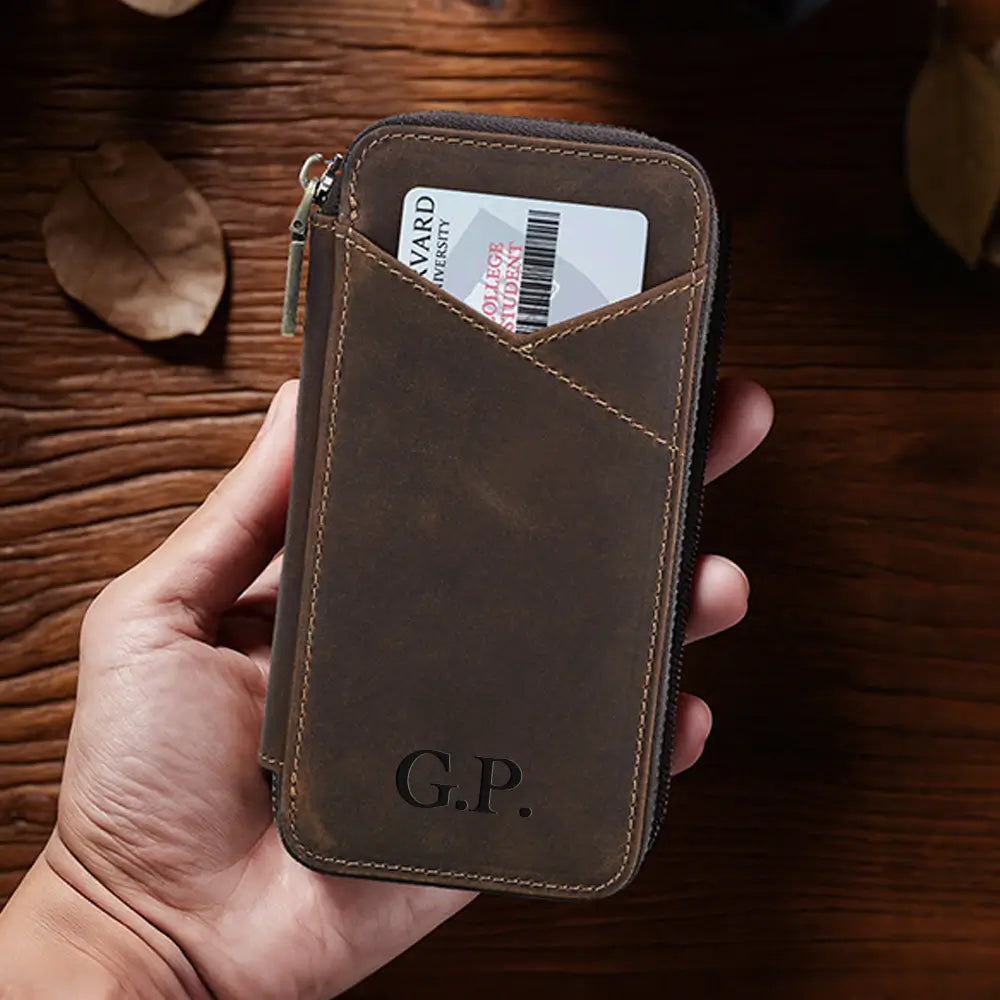 Custom engraved initials on leather pen case