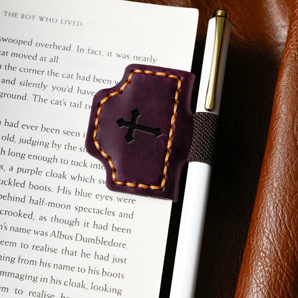 Purple leather bookmark with pen holder personalized