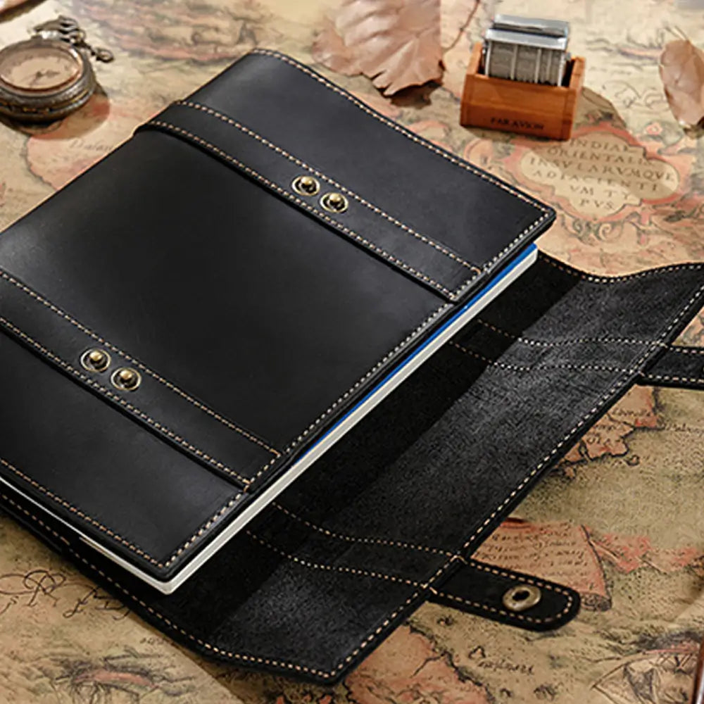Leather strap closure detail on vintage journal