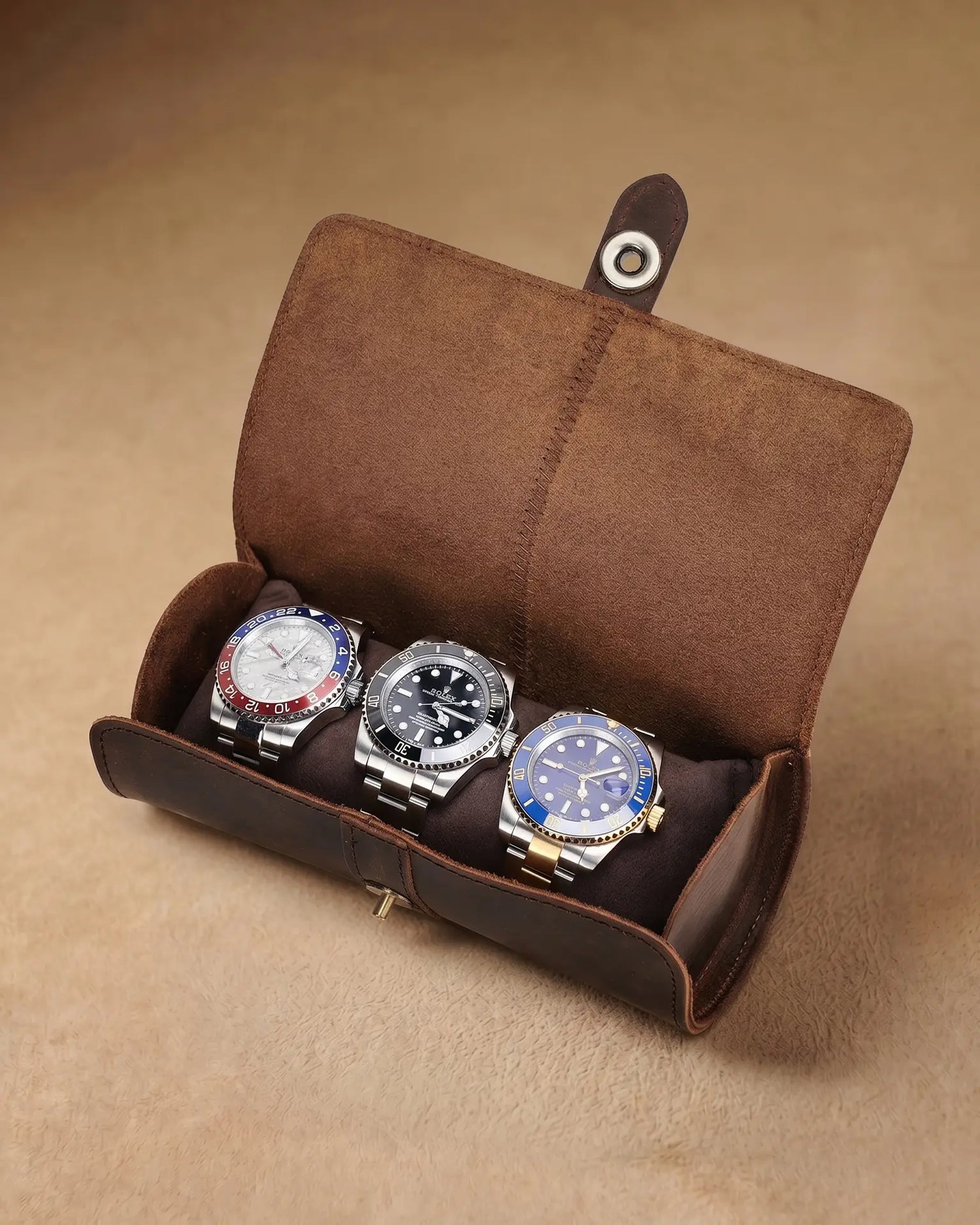 Three slot leather watch roll for travel and collectors