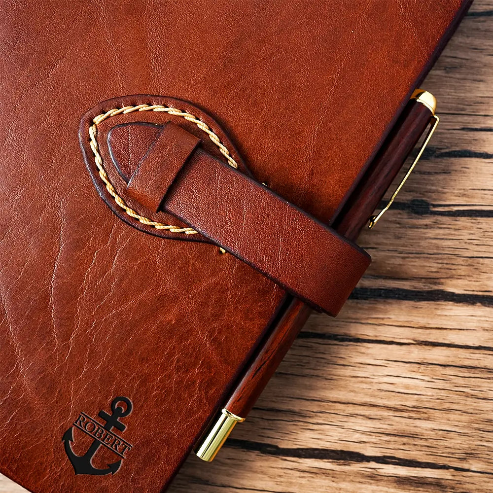 Custom engraved leather journal with anchor design and name