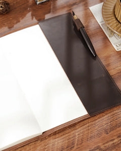 Close-up of Espresso B5 leather journal interior with bound notebook and pen loop

