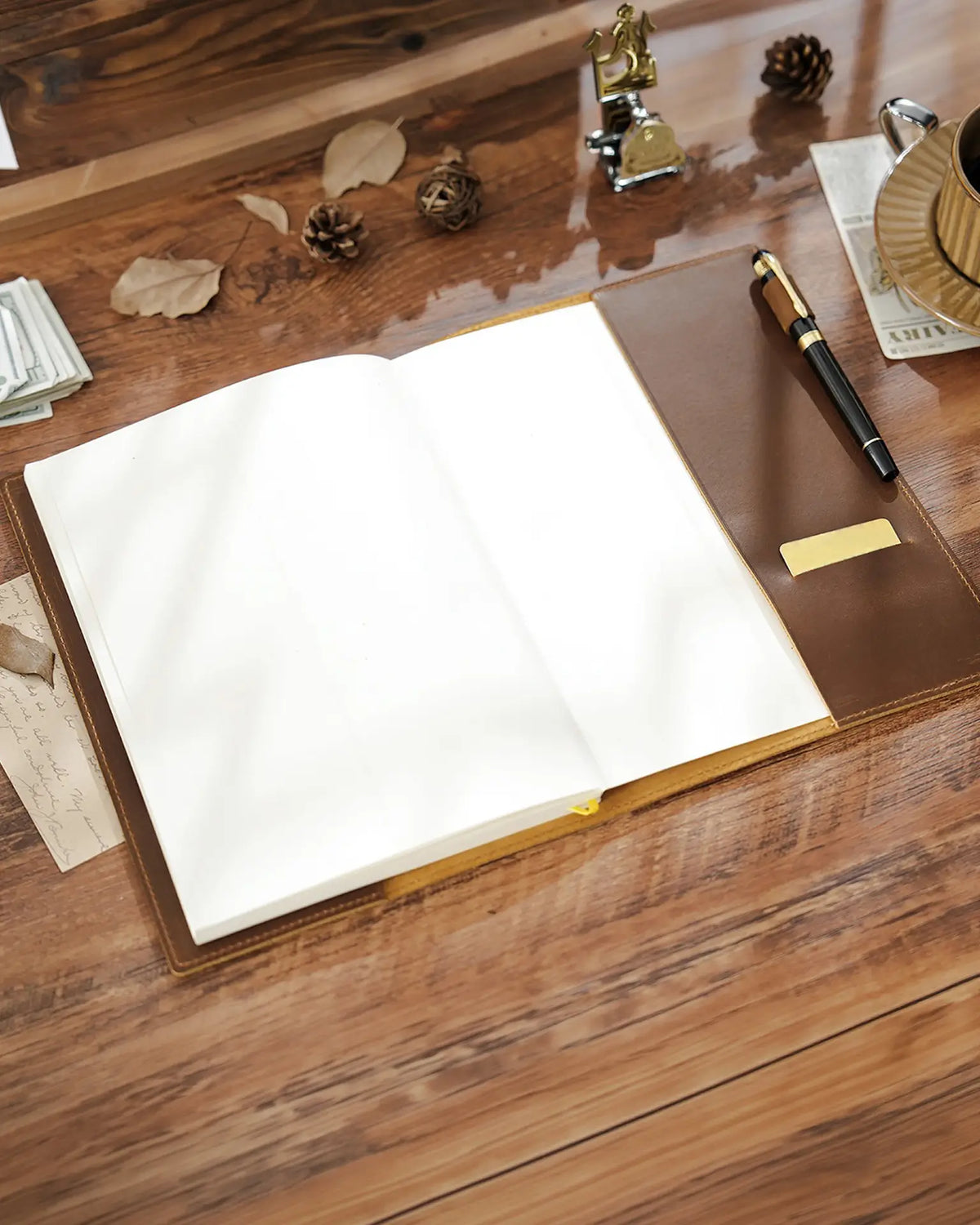 Personalized Cognac B5 leather journal with engraved initials on the front cover