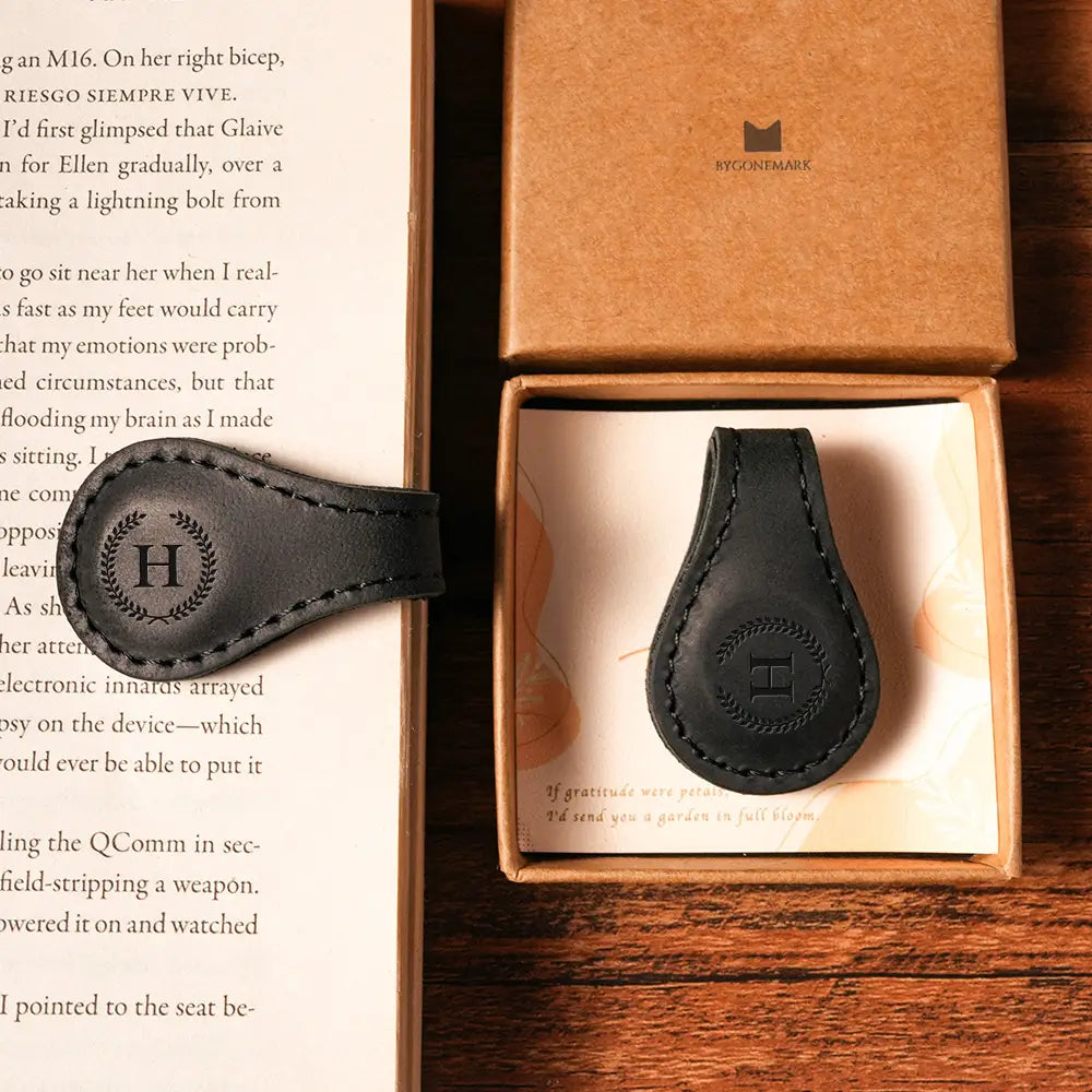 Black vintage leather bookmark with magnetic closure