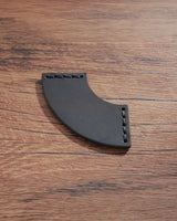 Black leather corner bookmark with curved fan shape and matching stitched ends