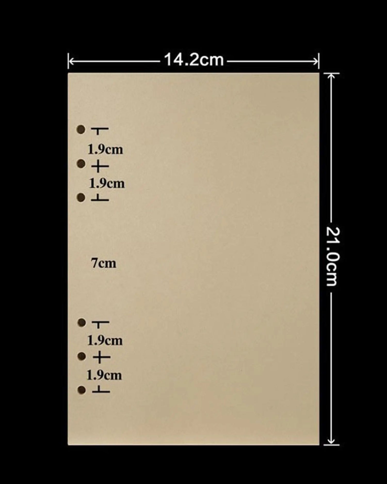 A beige rectangular sheet shown on a black background with printed dimension annotations: 14.2 cm across the top and 21.