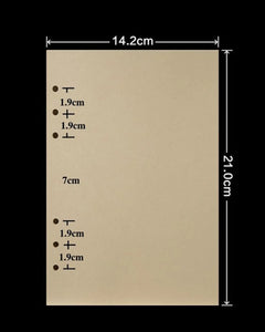 A beige rectangular sheet shown on a black background with printed dimension annotations: 14.2 cm across the top and 21.