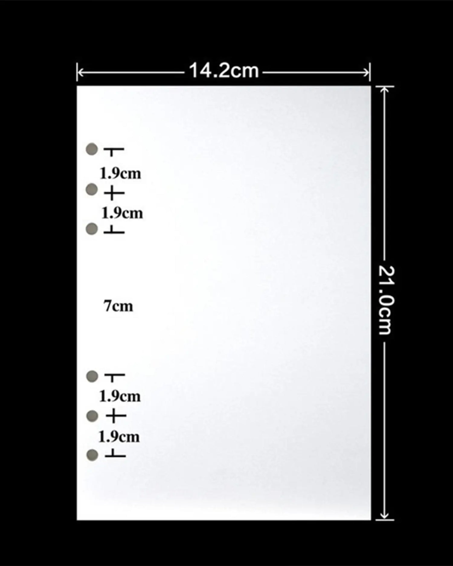 A white rectangular sheet or panel shown on a black background with dimension annotations: 14.2 cm across the top, 21.