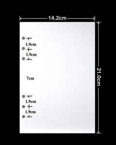 A white rectangular sheet or panel shown on a black background with dimension annotations: 14.2 cm across the top, 21.
