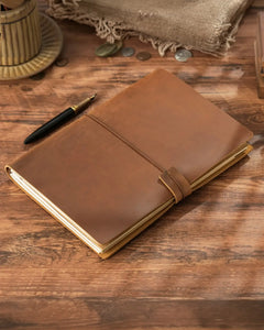 Cognac B5 refillable leather traveler’s notebook with elastic closure
