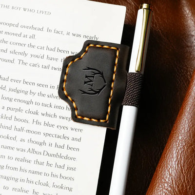 Bygone mark Leather Magnetic Bookmark, Pen Holder - Dark Brown