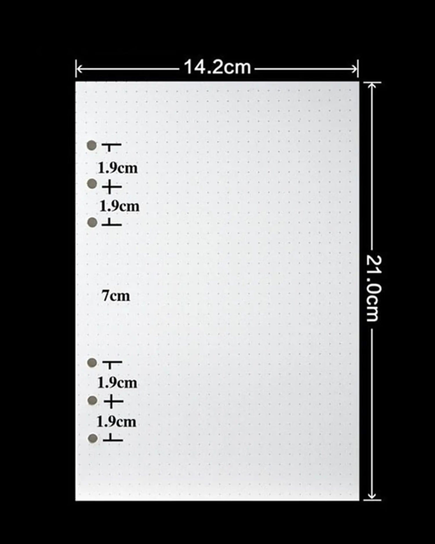 A white rectangular sheet with a fine dot grid pattern shown on a black background, with dimension annotations indicating 14.2 cm width, 21.