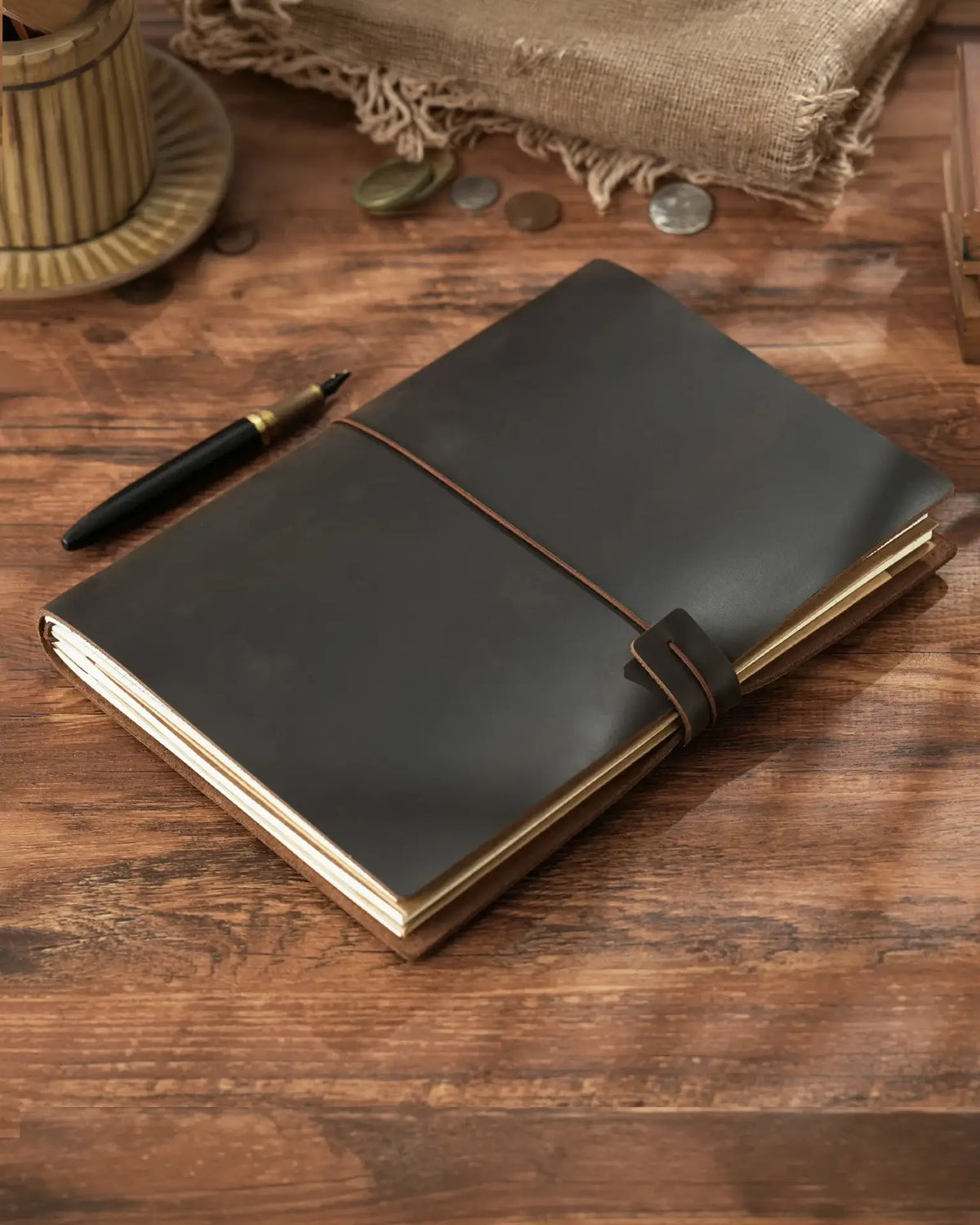 Espresso B5 refillable leather traveler’s notebook with elastic closure
