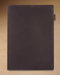Espresso B5 refillable leather journal with stitched cover and built-in pen loop