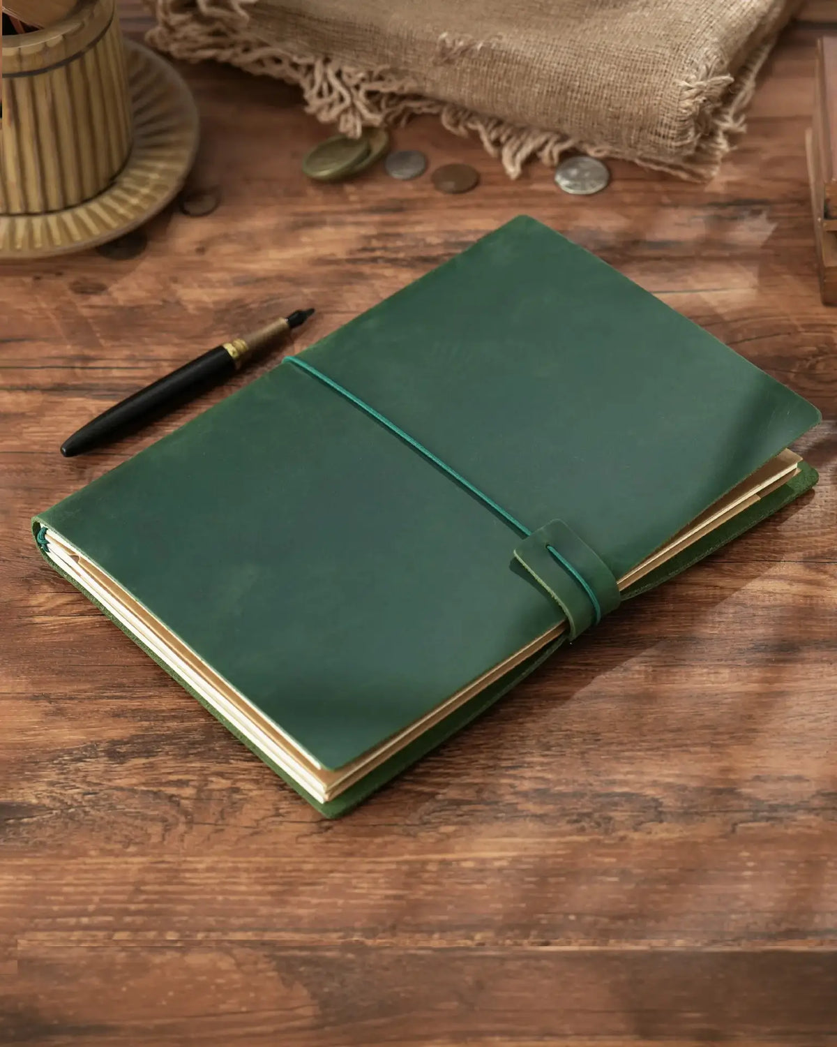 Forest Green B5 refillable leather traveler’s notebook with elastic closure
