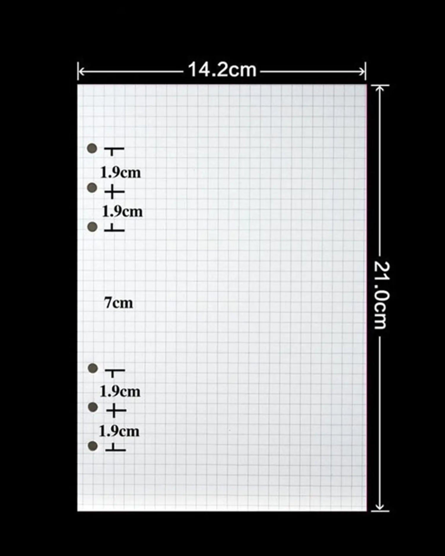 A square white grid sheet shown on a black background with printed dimensions and measurement markers: 14.2 cm across the top, 21.