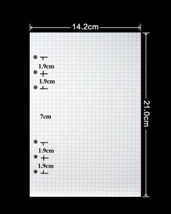 A square white grid sheet shown on a black background with printed dimensions and measurement markers: 14.2 cm across the top, 21.