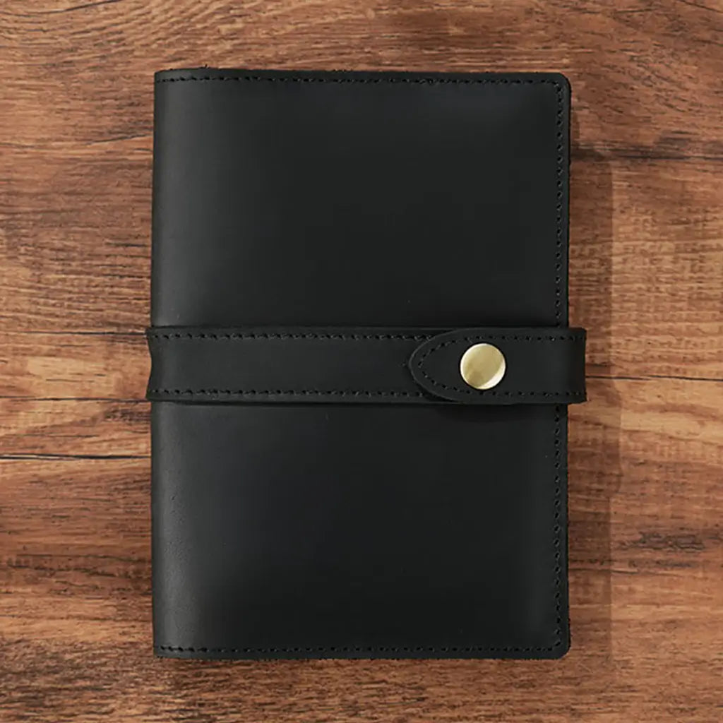 Black leather passport holder with brass snap closure handmade