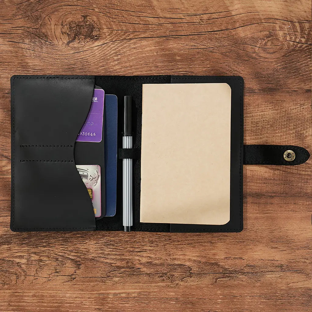 Leather passport holder interior with card slots pen loop and passport pocket
