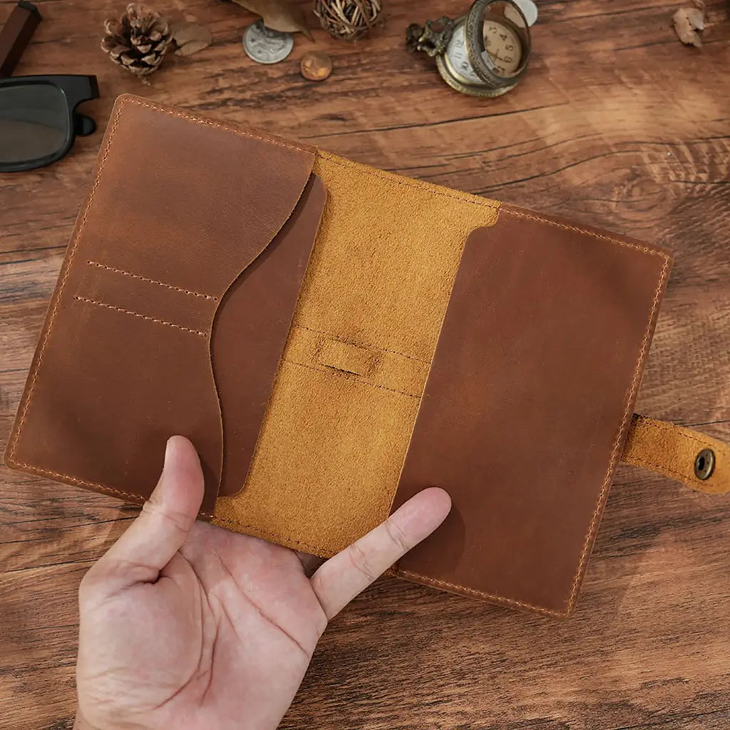 Brown crazy horse leather passport cover interior showing card pockets