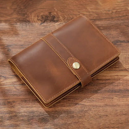 Brown leather passport holder with brass snap closure handmade