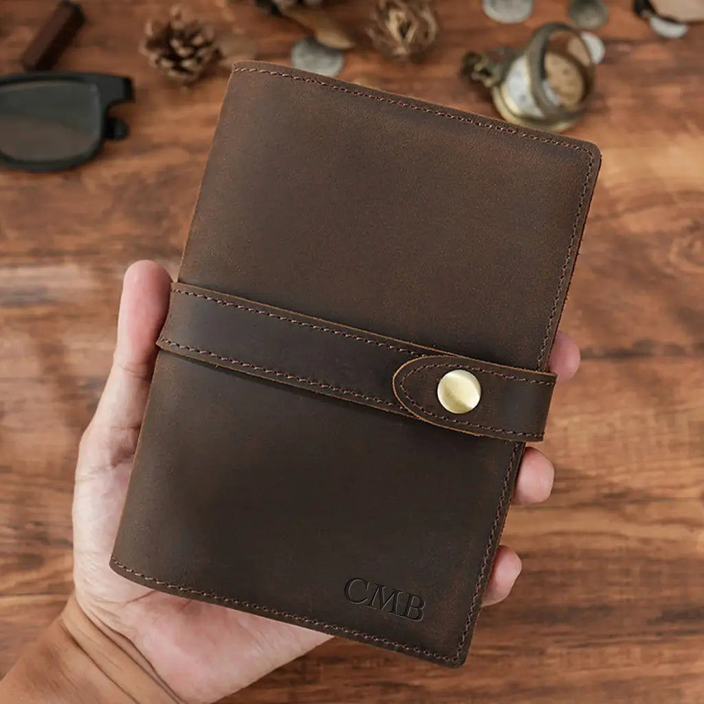 Dark brown leather field notes cover with monogram engraving