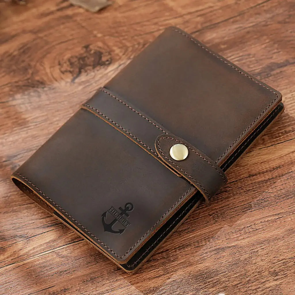 Dark brown leather field notes cover with monogram engraving