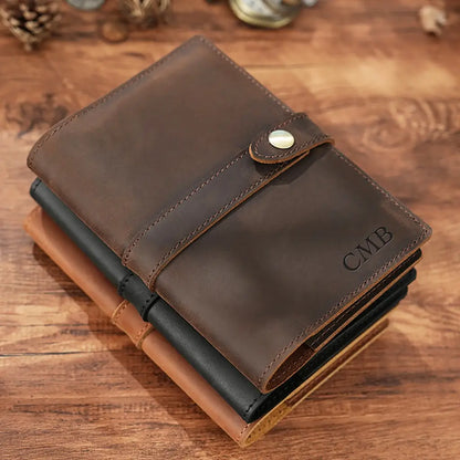 Personalized leather passport holder with notebook in three colors brown dark brown black