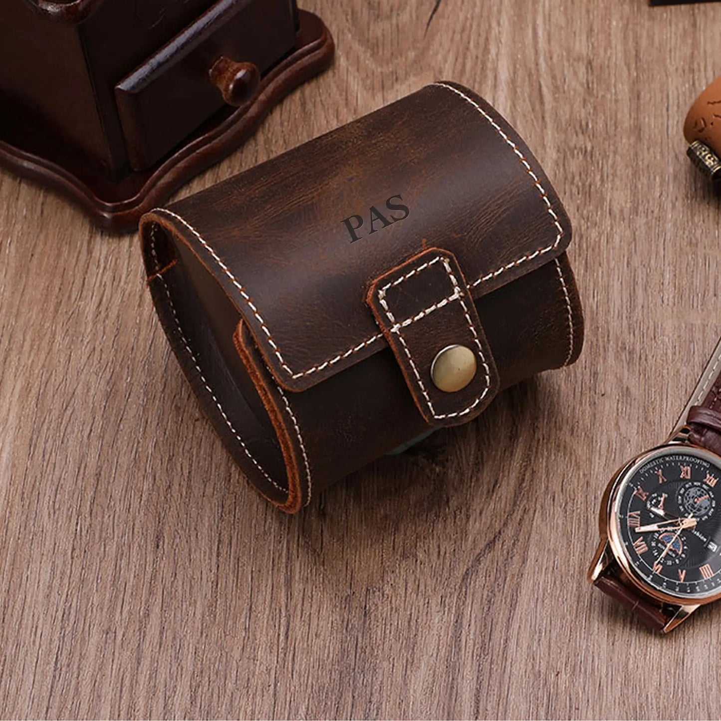 Personalized single watch roll case in crazy horse leather with brass snap