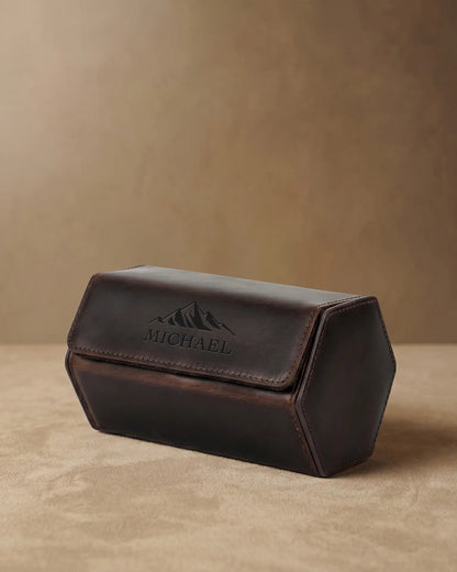 Dark brown leather hexagon watch box with personalized mountain engraving closed view