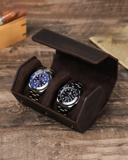 Legacy Hex 2 slot watch box open on wooden desk with luxury watches displayed