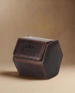 Rear view of a closed personalized dark brown hex watch box