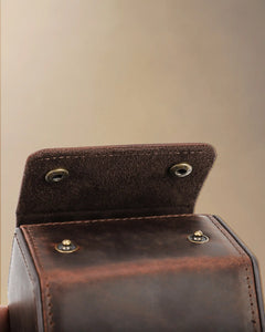 Close-up of the single-watch box flap and two snap fasteners