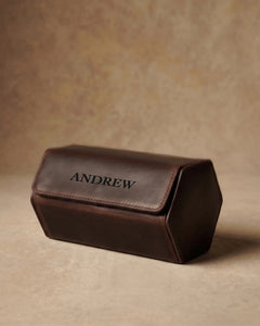 Closed personalized dark brown hex watch box