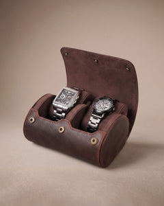 Open dark brown double-watch roll holding two watches