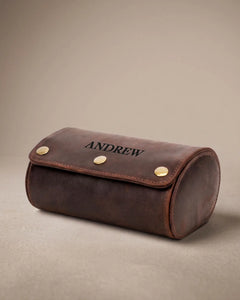Closed dark brown double-watch roll with engraved initials